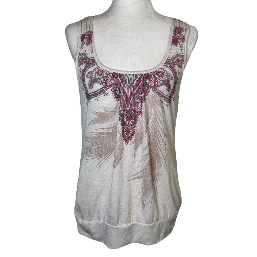 Women Hippie Boho Sleeveless Top Feather Print Long Tunic Tank Size Lg‎ NEW